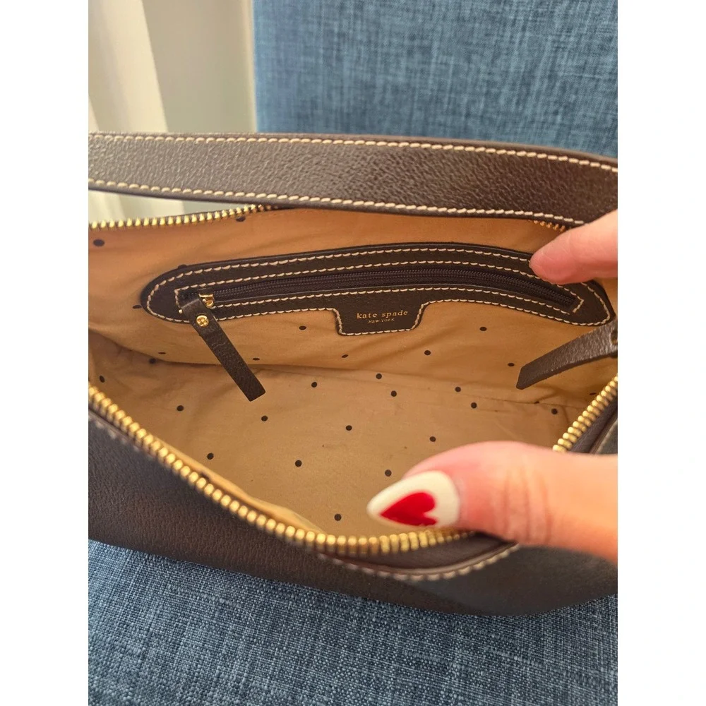 Kate Spade Brown Pebbled Leather‎ Baguette Shoulder Bag White Stitching